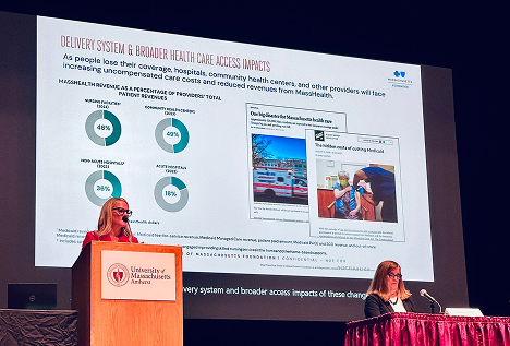 Kaitlyn Kenney Walsh presents at the Impacts of Medicaid Cuts on Western Massachusetts convening of the Johnston Health Policy Form. Photo credit: Johnston Health Policy Forum