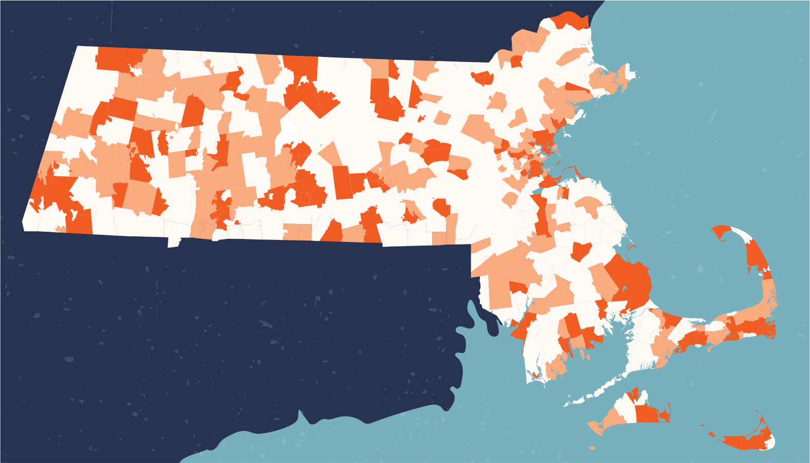 Uninsurance rate map in Massachusetts communities 2013-2017 illustration